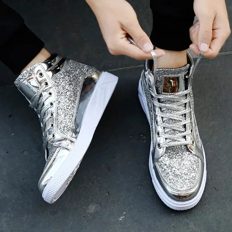 Travise Scot Premoim Golden Glitter High Top Sneakers Nightclub Glossy Shoes