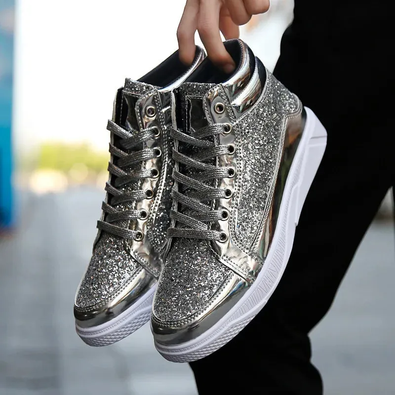 Travise Scot Premoim Golden Glitter High Top Sneakers Nightclub Glossy Shoes