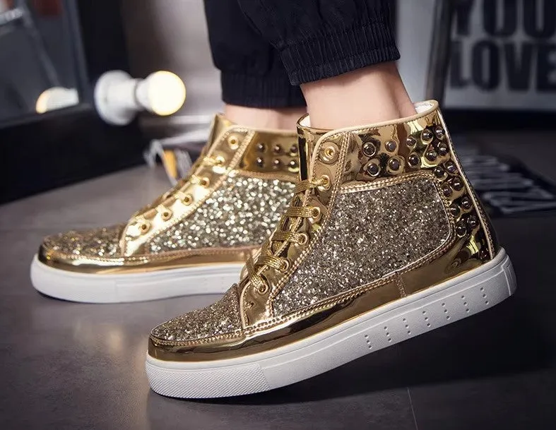 Travise Scot Premoim Golden Glitter High Top Sneakers Nightclub Glossy Shoes