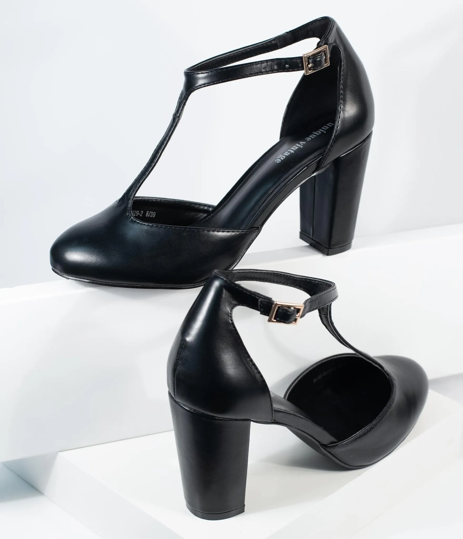 Unique Vintage Black Leatherette T-Strap Astaire Pumps