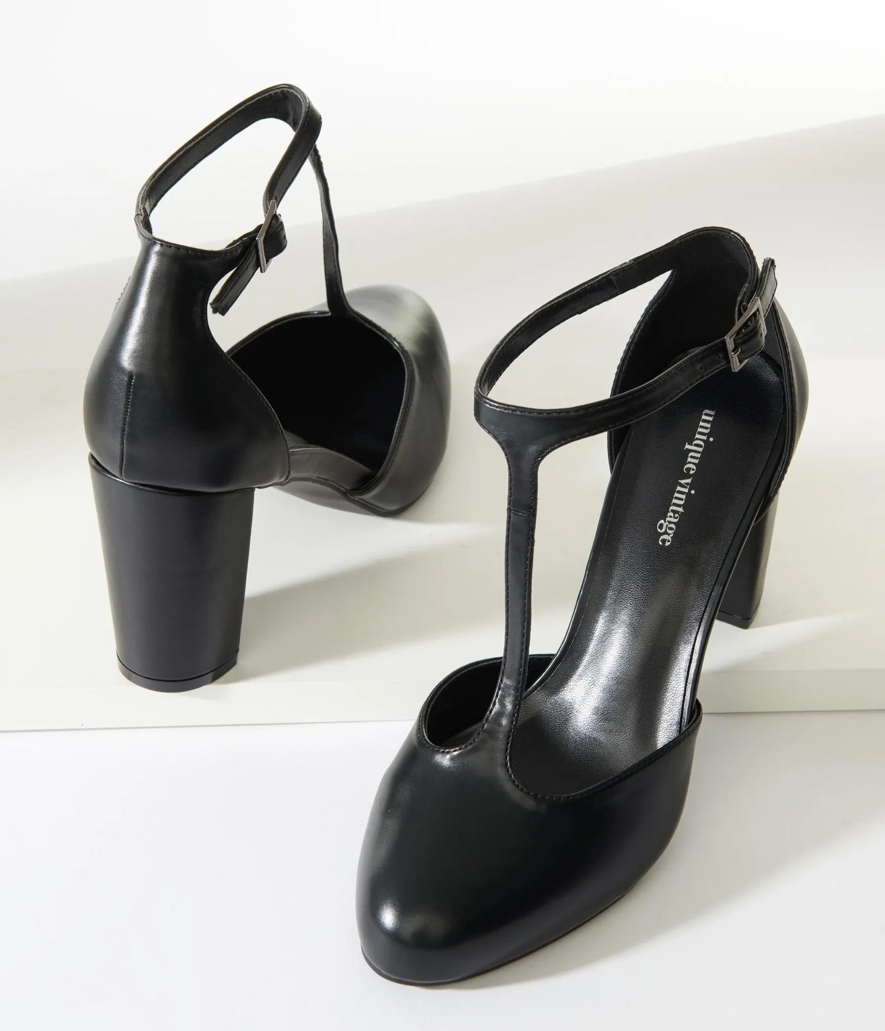 Unique Vintage Black Leatherette T-Strap Astaire Pumps