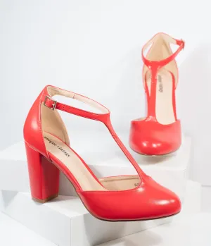 Unique Vintage Red Leatherette T-Strap Astaire Pumps