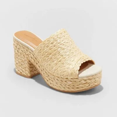 Universal Thread Women's Chunky Block High Heel Slip On Mules Sandals Raffia