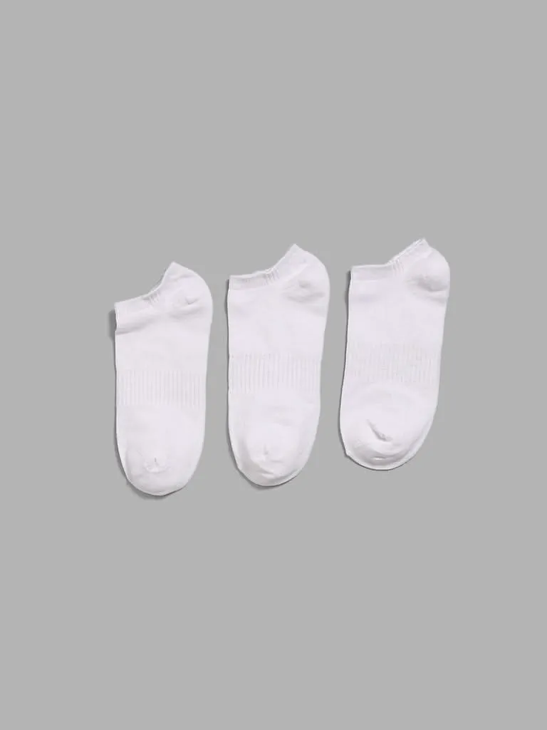 WES Lounge Self-Striped Low Cut White Cotton Blend Socks - Pack of 3