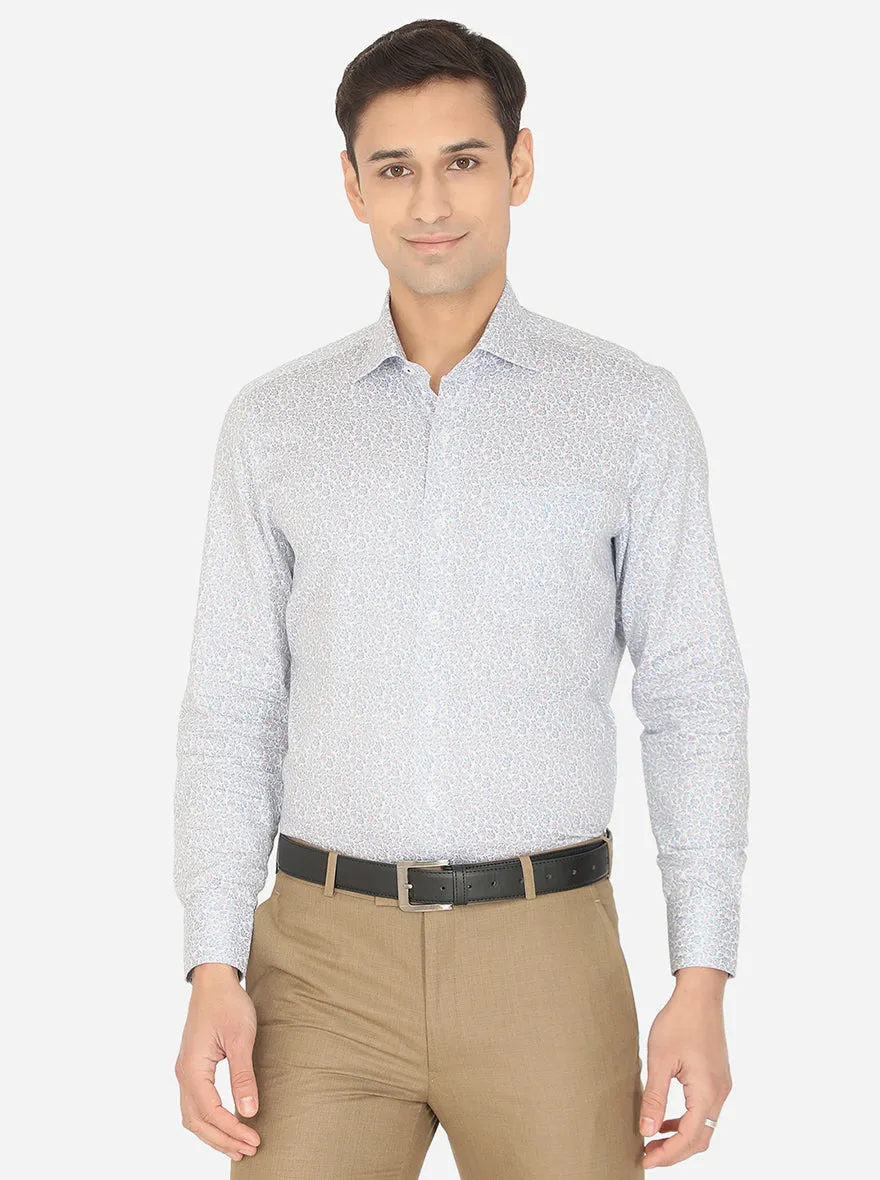 White & Sky Blue Printed Slim Fit Formal Shirt | Metal