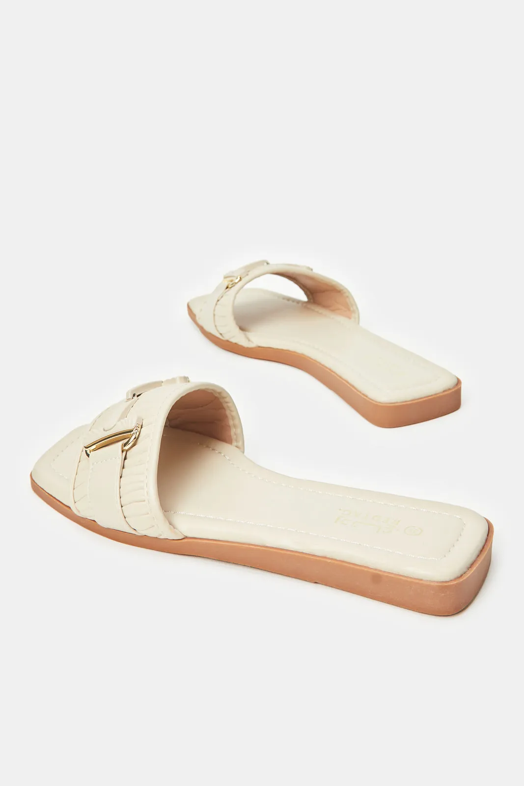 Women Beige Buckle Mule