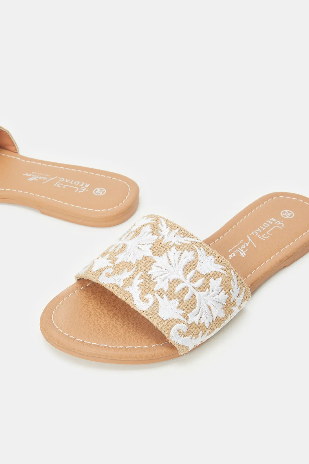 Women Beige Embroidered Mule