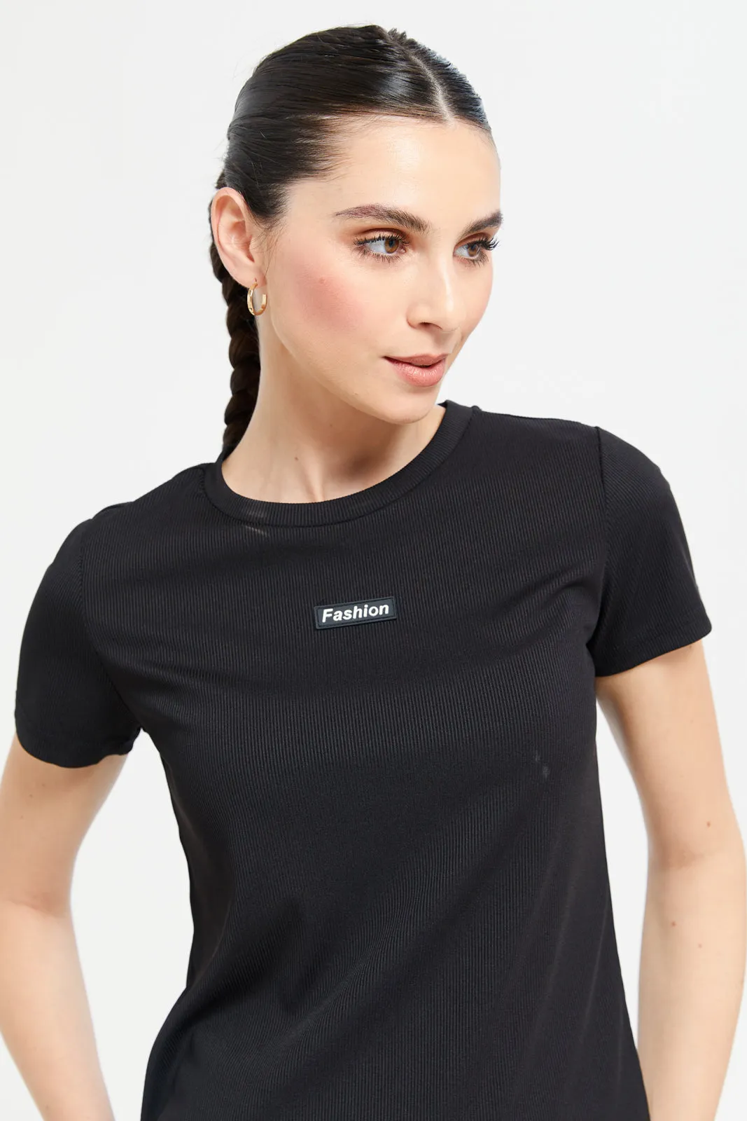 Women Black Plain Rib T- Shirt