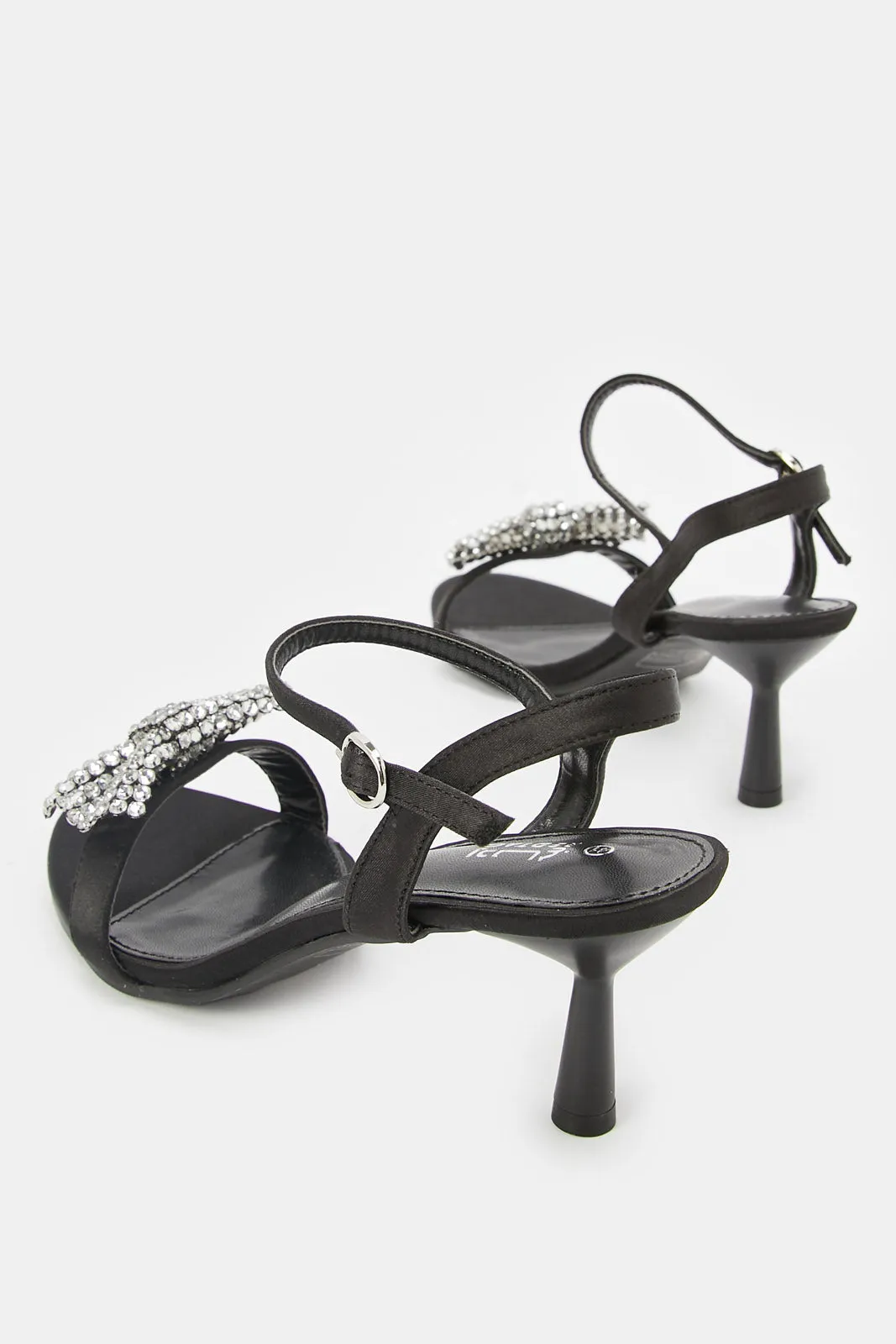 Women Black Satin Sandal With Gold Bow