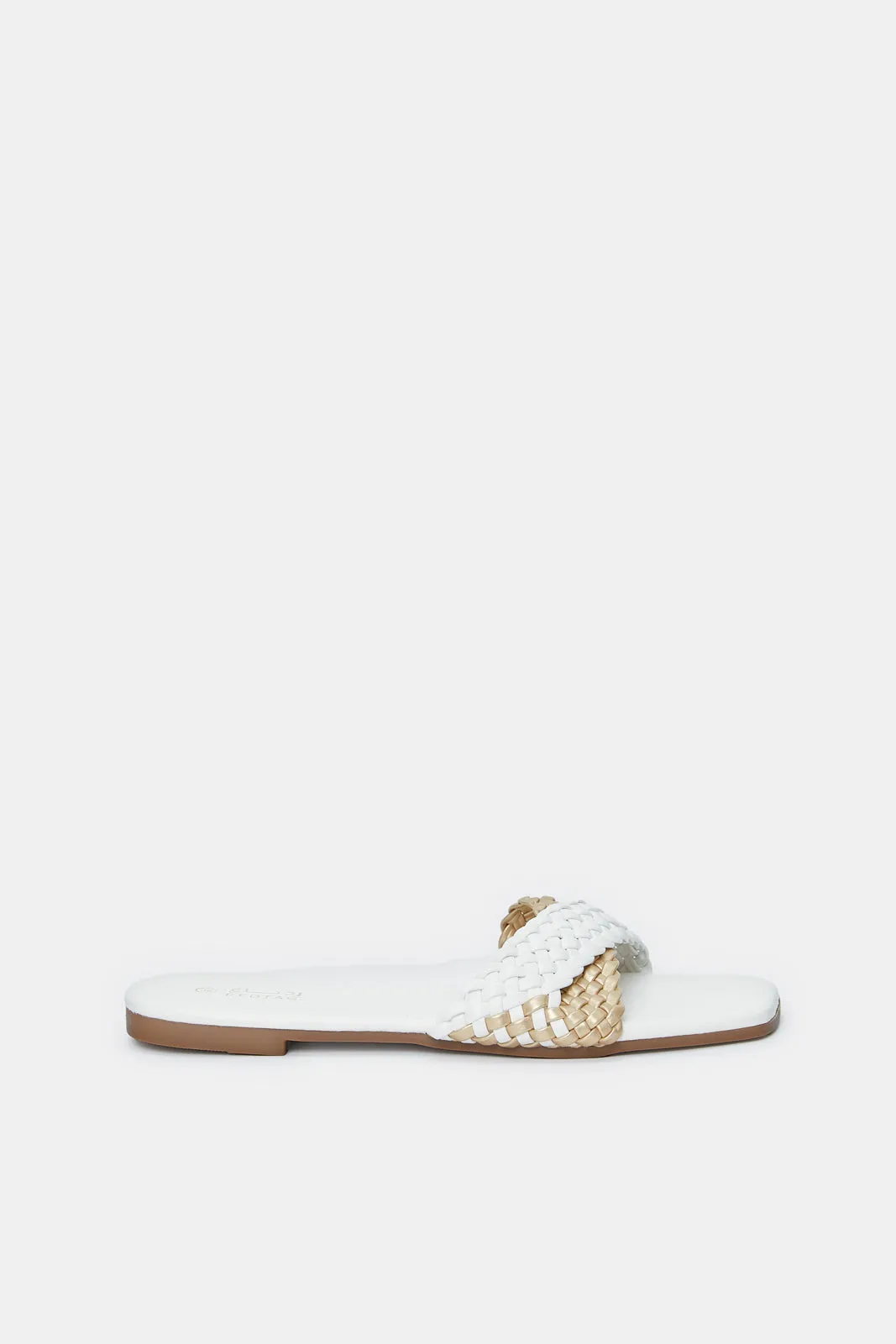 Women White & Gold Weave Mule