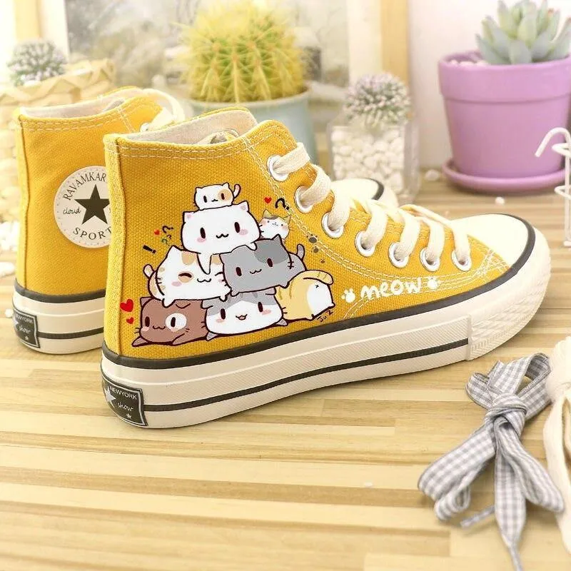 Womens Cute Kawaii Cats Student High Top Canvas