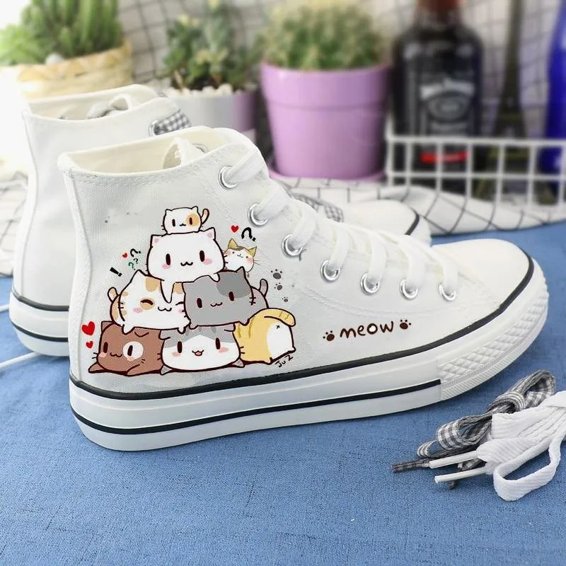 Womens Cute Kawaii Cats Student High Top Canvas