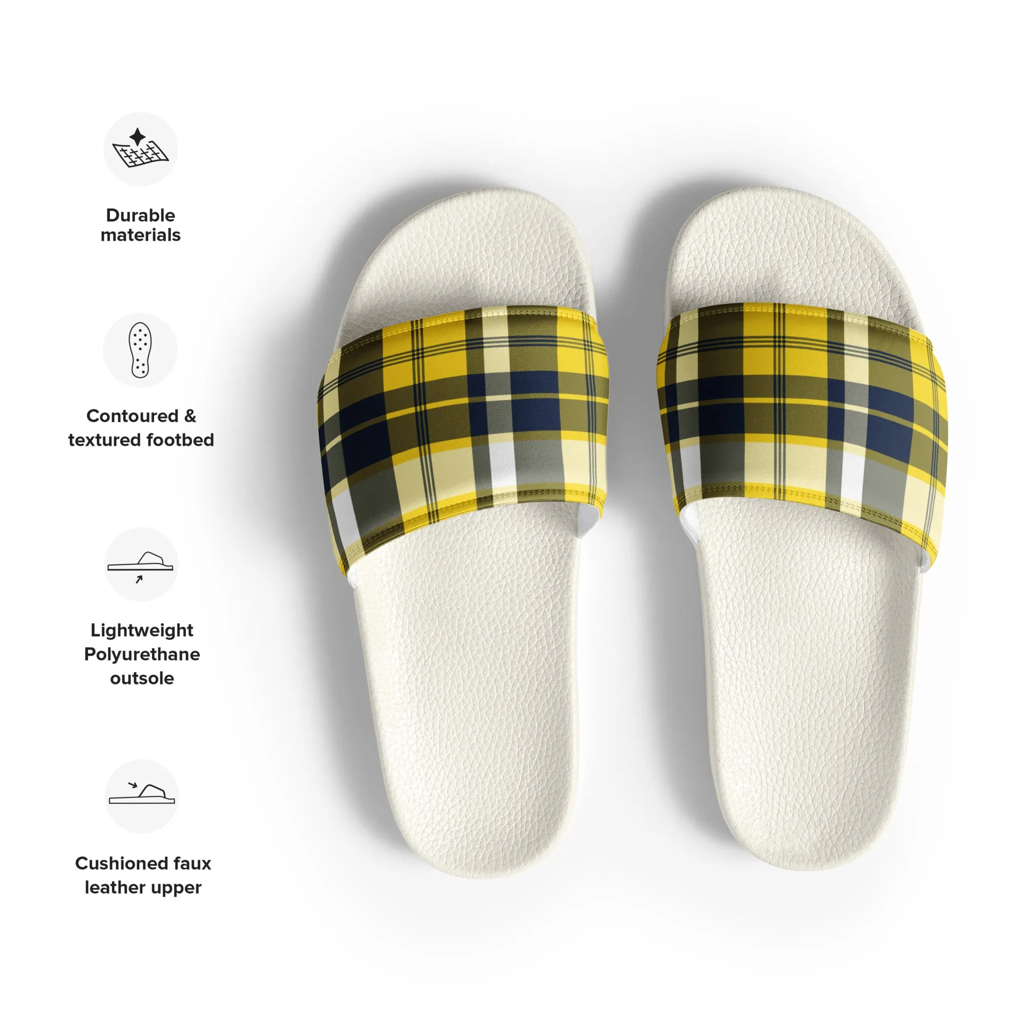 Yellow and Navy Blue Preppy Surfer Plaid Men’s Slides Sandals