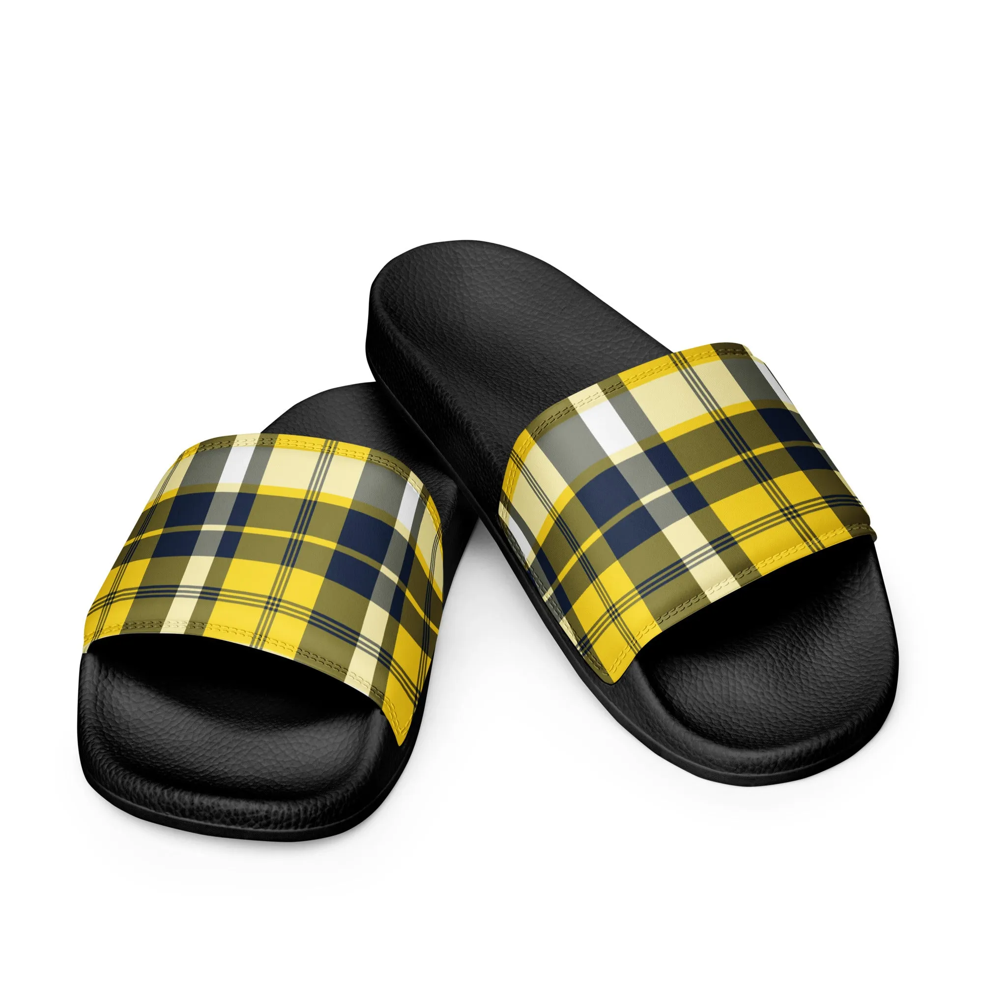 Yellow and Navy Blue Preppy Surfer Plaid Men’s Slides Sandals